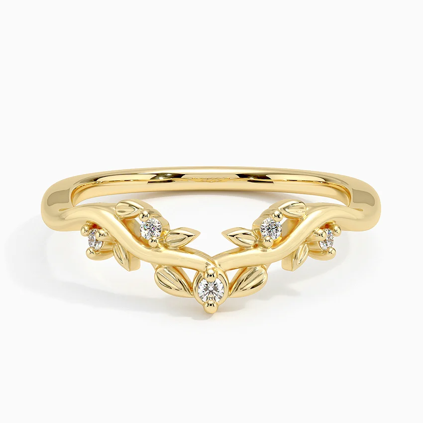 Nature Inspired Diamond Leaf Ring, V Shaped Wedding Band, Minimalist Diamond Ring