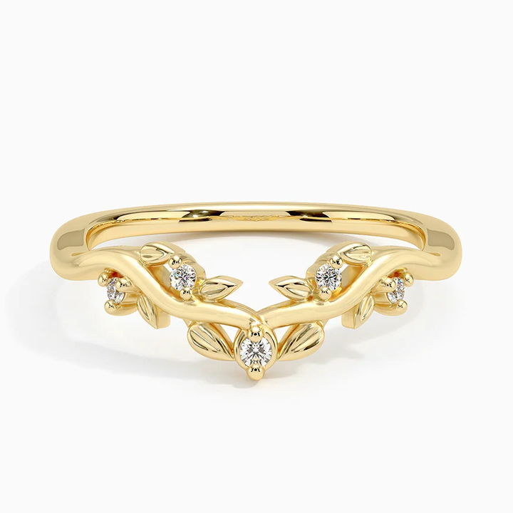 Nature Inspired Diamond Leaf Ring, V Shaped Wedding Band, Minimalist Diamond Ring