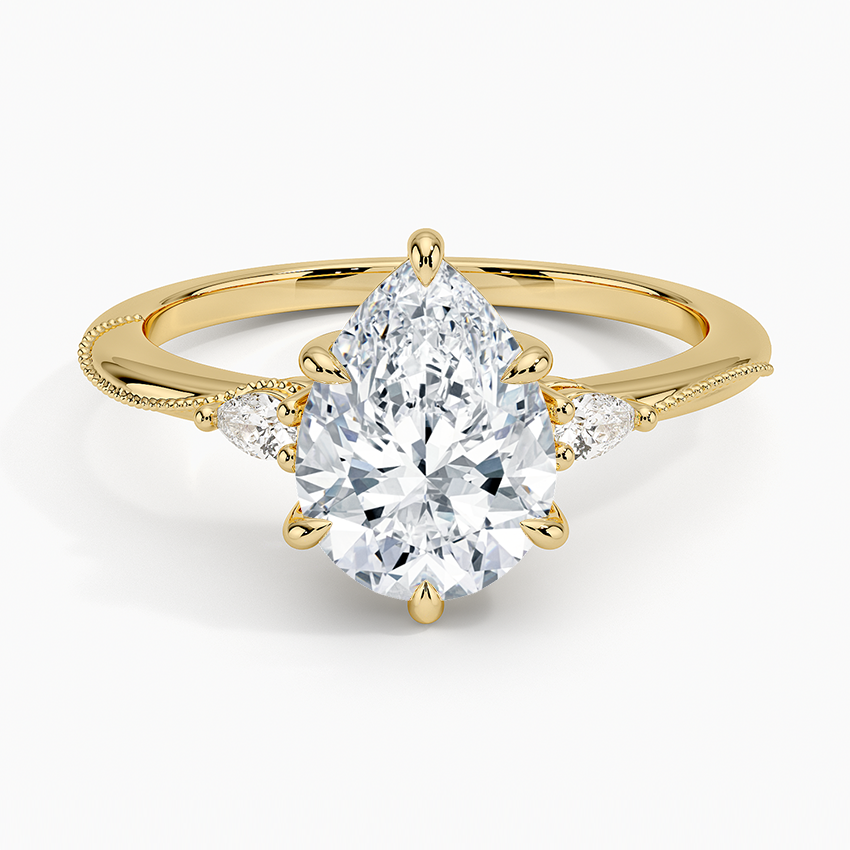 Pear Cut Diamond Engagement Ring with Side Stones, Minimalist Solitaire Ring, Milgrain Band