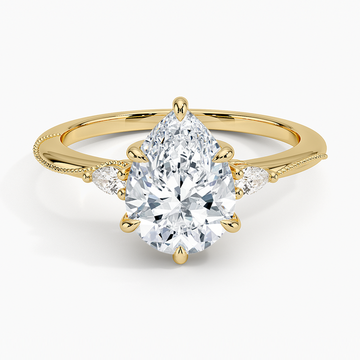 Pear Cut Diamond Engagement Ring with Side Stones, Minimalist Solitaire Ring, Milgrain Band