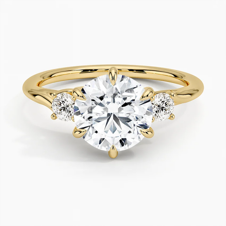 Three Stone Round Diamond Engagement Ring, Classic Solitaire with Side Stones, Promise Ring
