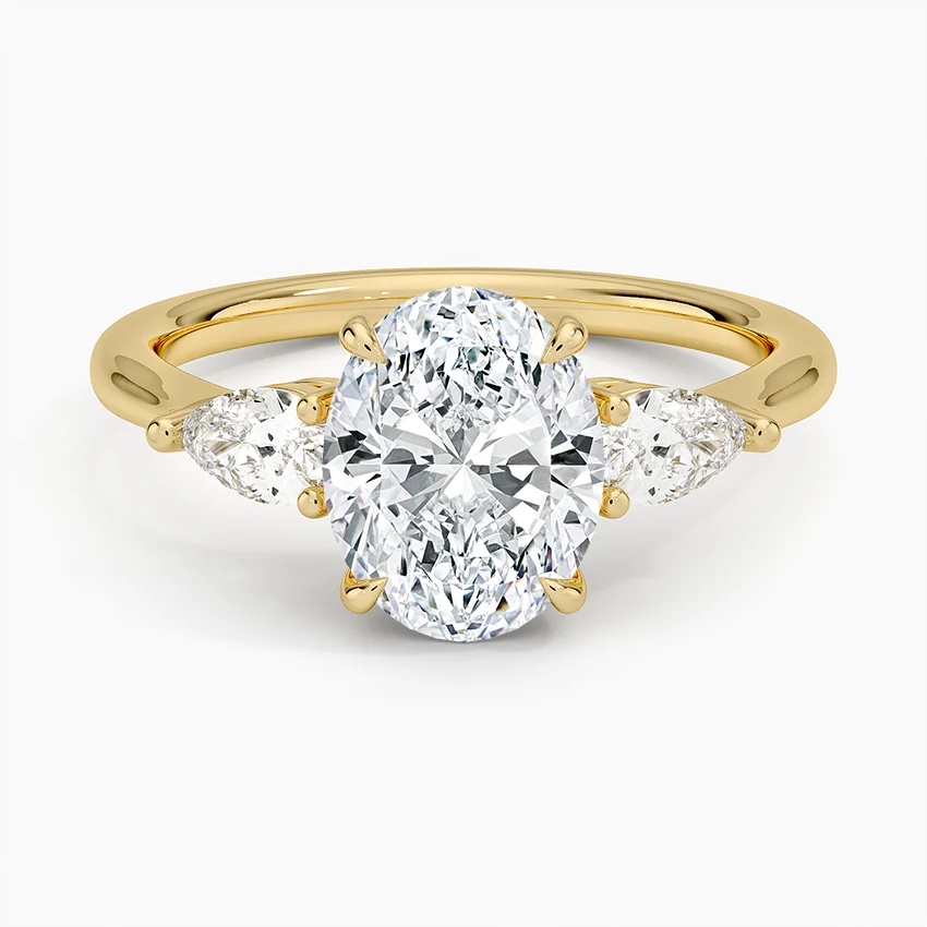Oval Cut Diamond Engagement Ring with Pear Side Stones, Three Stone Ring, Solid Gold Promise Ring