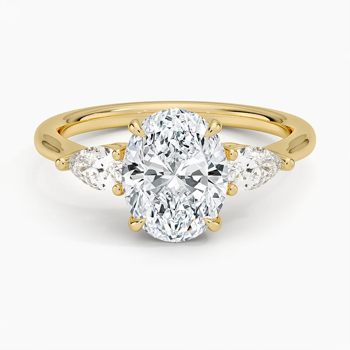 Oval Cut Diamond Engagement Ring with Pear Side Stones, Three Stone Ring, Solid Gold Promise Ring