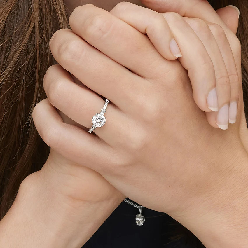 Vintage Inspired Round Cut Moissanite Engagement Ring, 3 Stone Diamond Ring, Hidden Halo Ring
