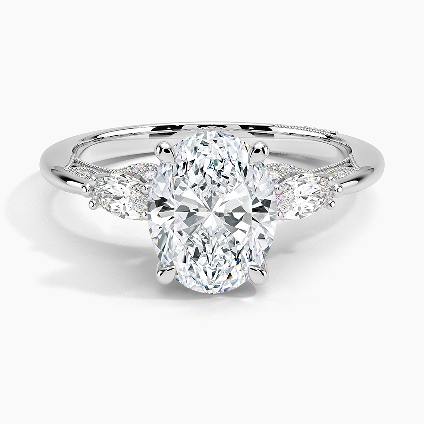 Oval Cut Diamond Engagement Ring, Three Stone Ring, Marquise Side Diamond Ring