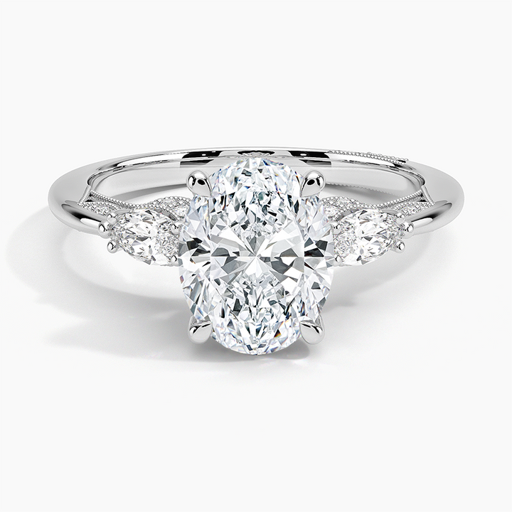 Oval Cut Diamond Engagement Ring, Three Stone Ring, Marquise Side Diamond Ring