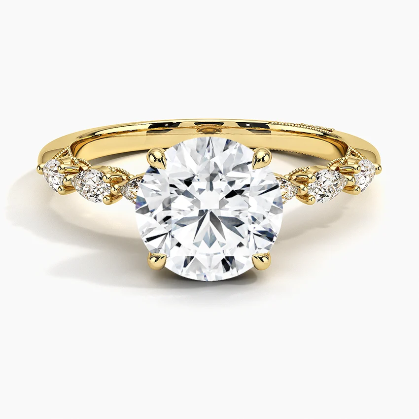 Round Cut Solitaire Diamond Engagement Ring, Twisted Vine Band with Accent Stones, Nature Inspired Bridal Ring