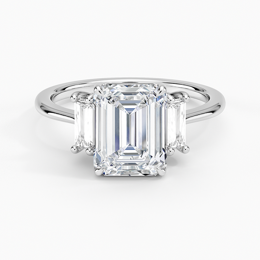 Emerald Cut Diamond Three Stone Engagement Ring, Baguette Side Stone Ring, Solid Gold Promise Ring