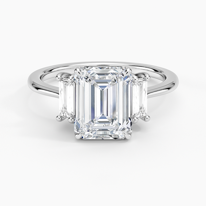 Emerald Cut Diamond Three Stone Engagement Ring, Baguette Side Stone Ring, Solid Gold Promise Ring