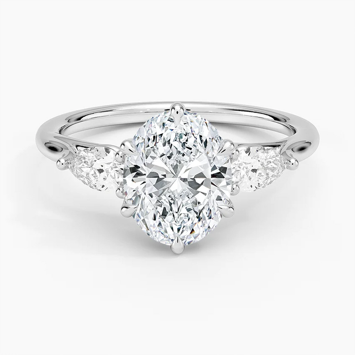 Oval Cut Diamond Engagement Ring, 3 Stone Diamond Ring, Pear Side Stones Ring, Solid Gold Promise Ring