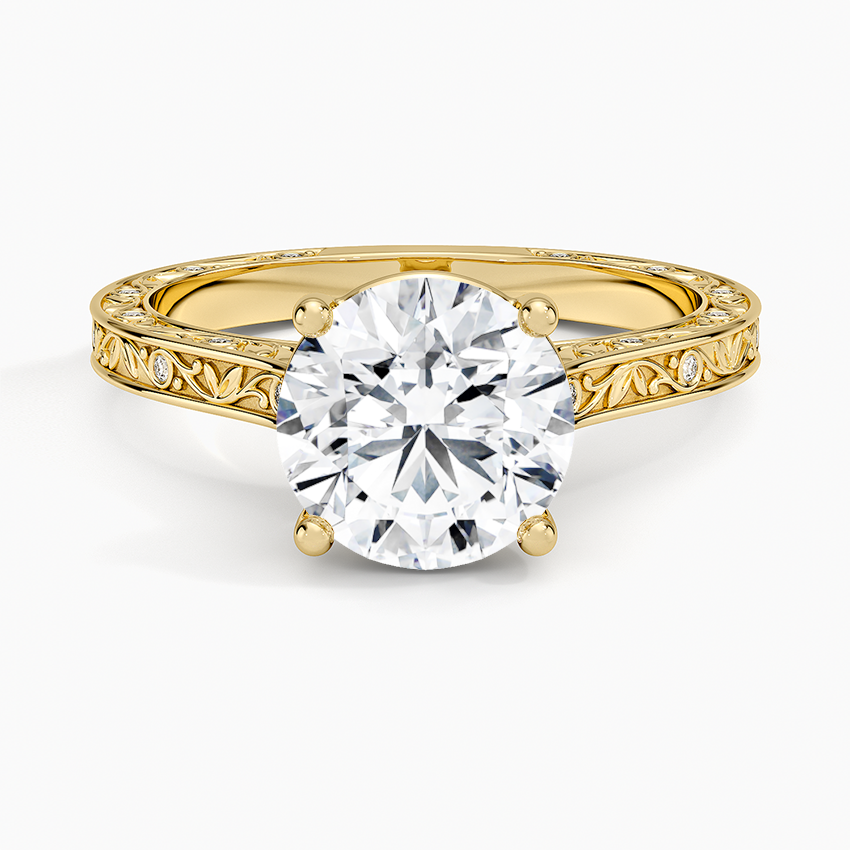 Vintage Floral Engraved Solitaire Moissanite Ring, Round Cut Diamond Ring, Unique Bridal Ring Gift for Her