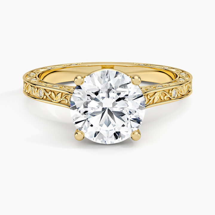 Vintage Floral Engraved Solitaire Moissanite Ring, Round Cut Diamond Ring, Unique Bridal Ring Gift for Her