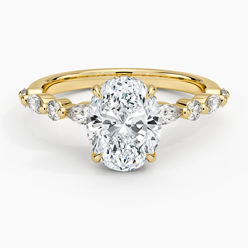 Oval Cut Diamond Engagement Ring with Marquise, Hidden Halo Solitaire Ring