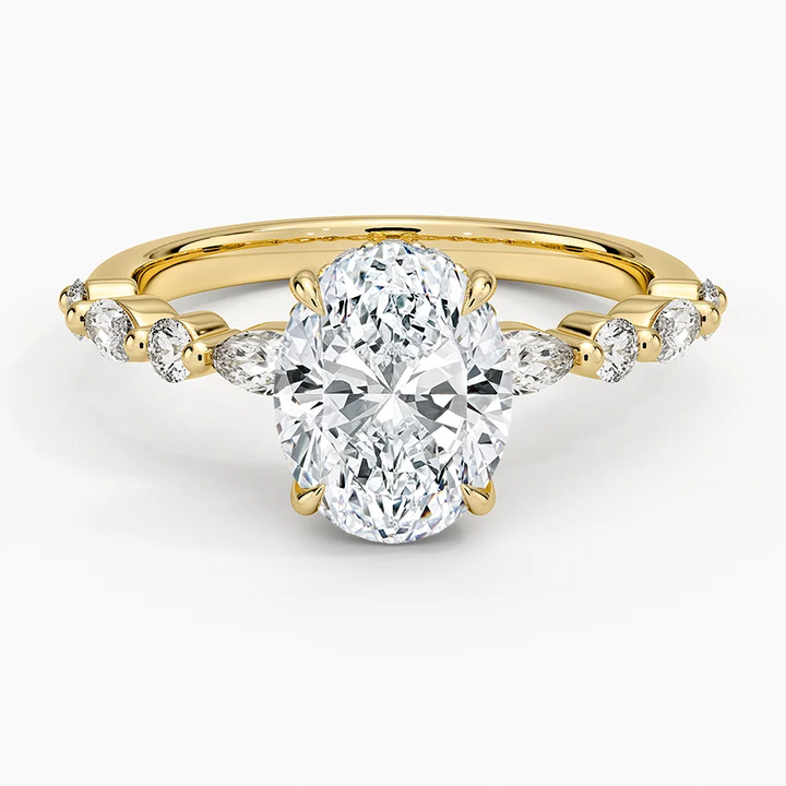 Oval Cut Diamond Engagement Ring with Marquise, Hidden Halo Solitaire Ring