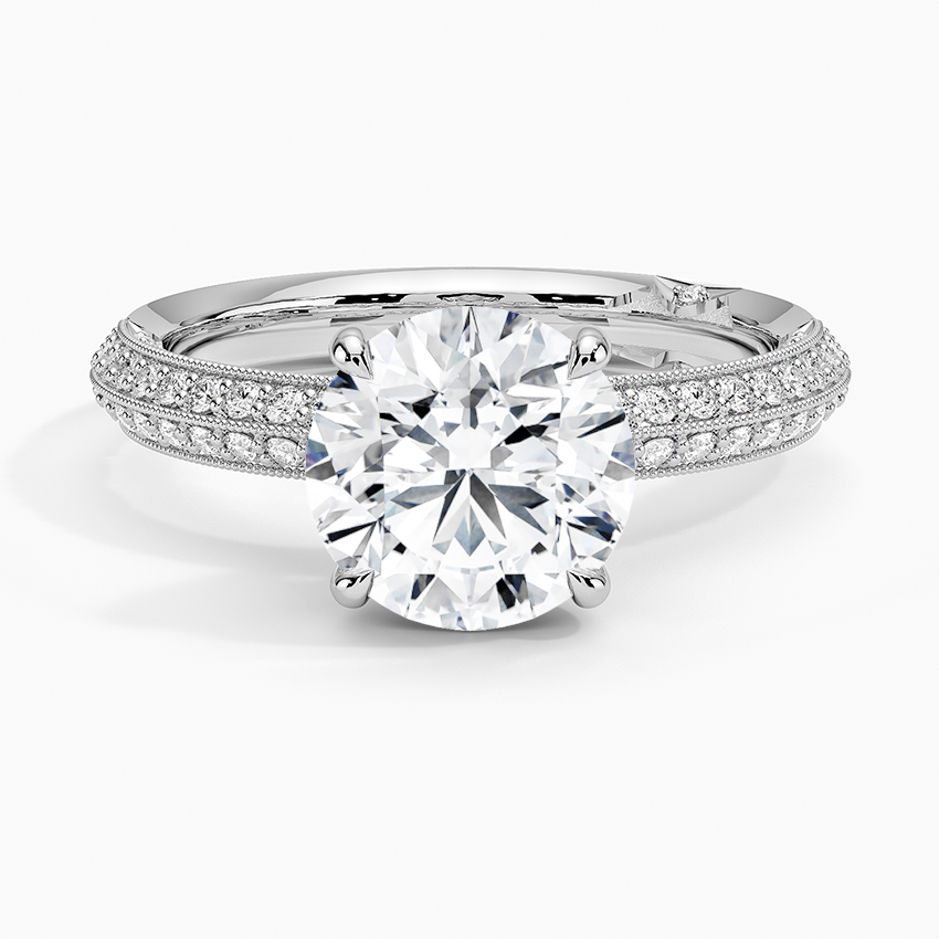 Round Cut Diamond Engagement Ring, Double Row Pave Band Ring, Promise Ring