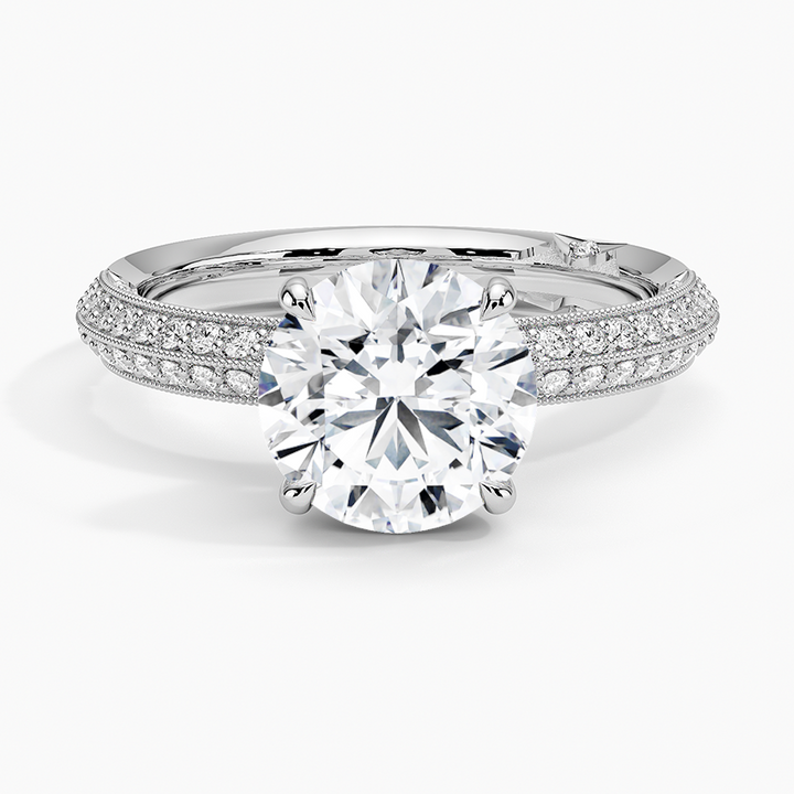 Round Cut Diamond Engagement Ring, Double Row Pave Band Ring, Promise Ring