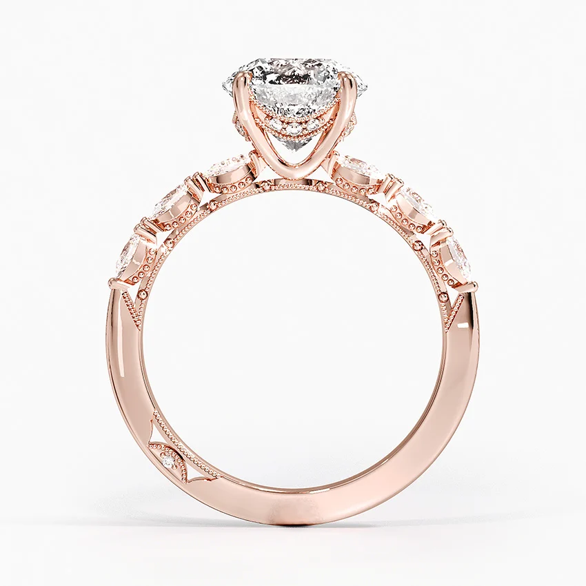 Round Cut Solitaire Diamond Engagement Ring, Twisted Vine Band with Accent Stones, Nature Inspired Bridal Ring