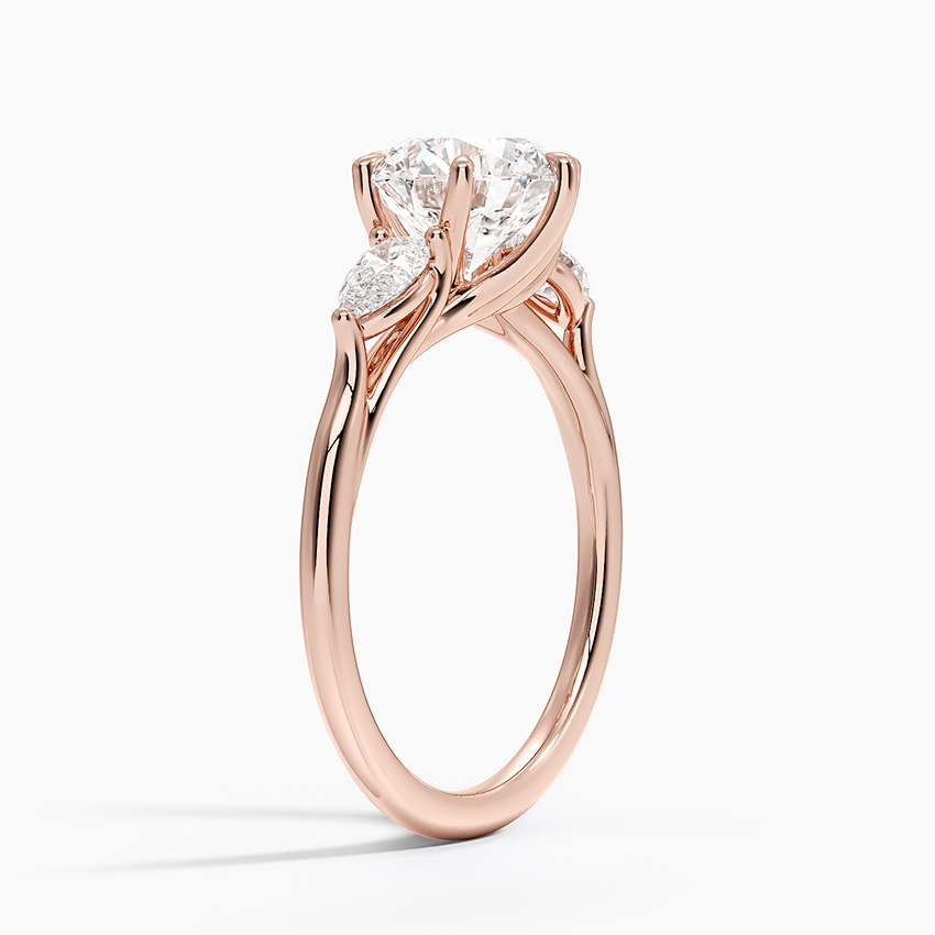 Round Cut Moissanite Engagement Ring with Pear Side Stones, 3 Stone Diamond Ring, Solid Gold Promise Ring