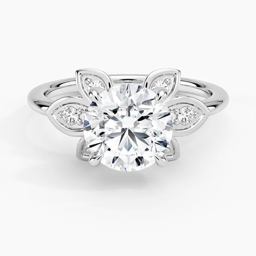 Floral Petal Diamond Engagement Ring, Round Cut Center, Nature Inspired Leaf Design
