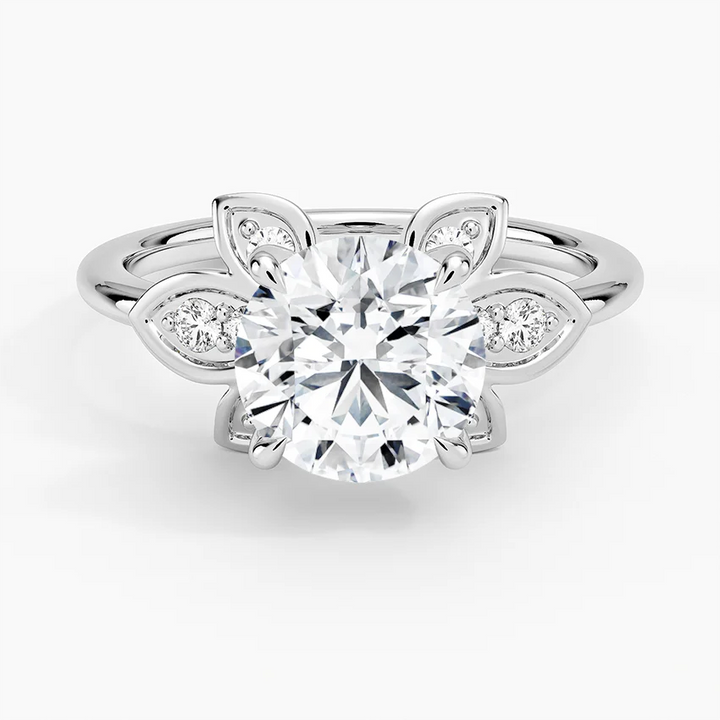 Floral Petal Diamond Engagement Ring, Round Cut Center, Nature Inspired Leaf Design