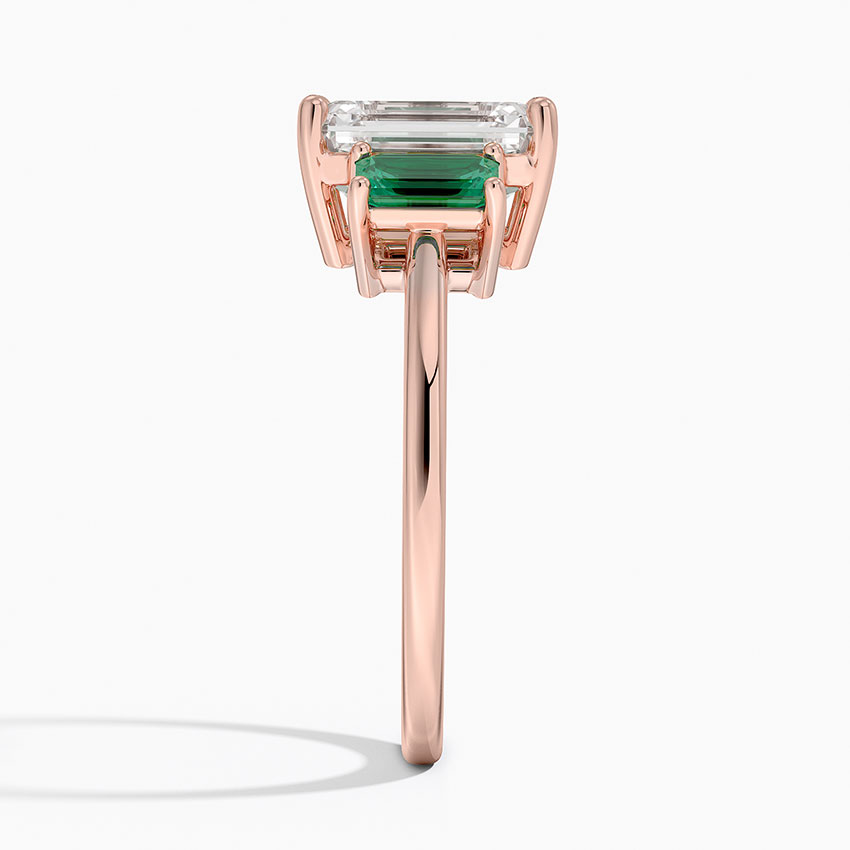 Emerald Cut Diamond Three Stone Ring with Green Emerald Side Stones,Solid Gold Engagement Ring