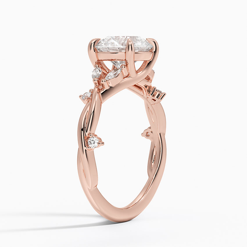 Twisted Vine Moissanite Engagement Ring, Round Cut Solitaire with Leaf Side Stones, Nature Inspired Gold Ring