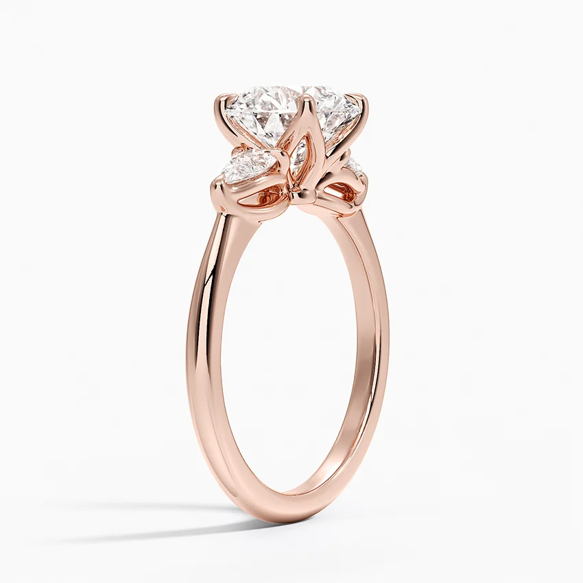 Round Cut Diamond Engagement Ring with Marquise Side Stones, Three Stone Bridal Ring