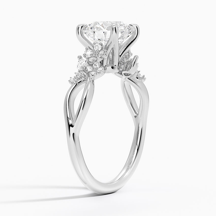 Round Cut Diamond Engagement Ring, Floral Cluster Side Stones Ring, Nature Inspired Bridal Ring
