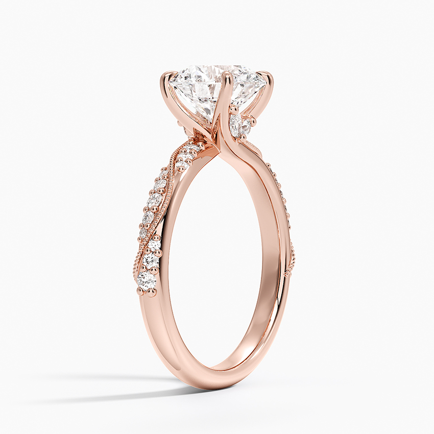 Twisted Vine Moissanite Engagement Ring, Round Cut Solitaire Diamond Ring, Vintage Inspired Pave Band