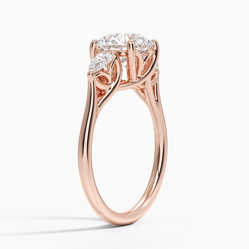 Round Cut Diamond Engagement Ring, 3 Stone Diamond Ring, Pear Side Stone Ring