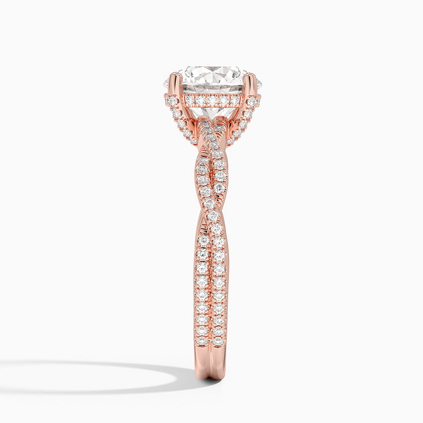 Twisted Pave Diamond Engagement Ring, Round Cut Solitaire Ring, Split Shank Gold Ring
