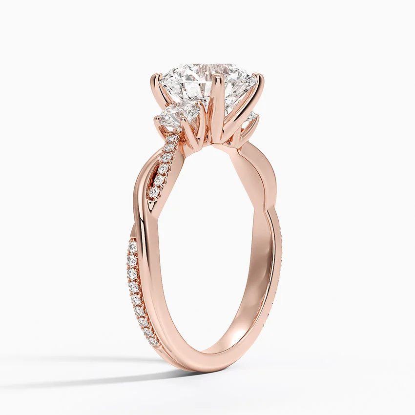 Round Cut Diamond Engagement Ring, Twisted Three Stone Ring, Pavé Band Promise Ring