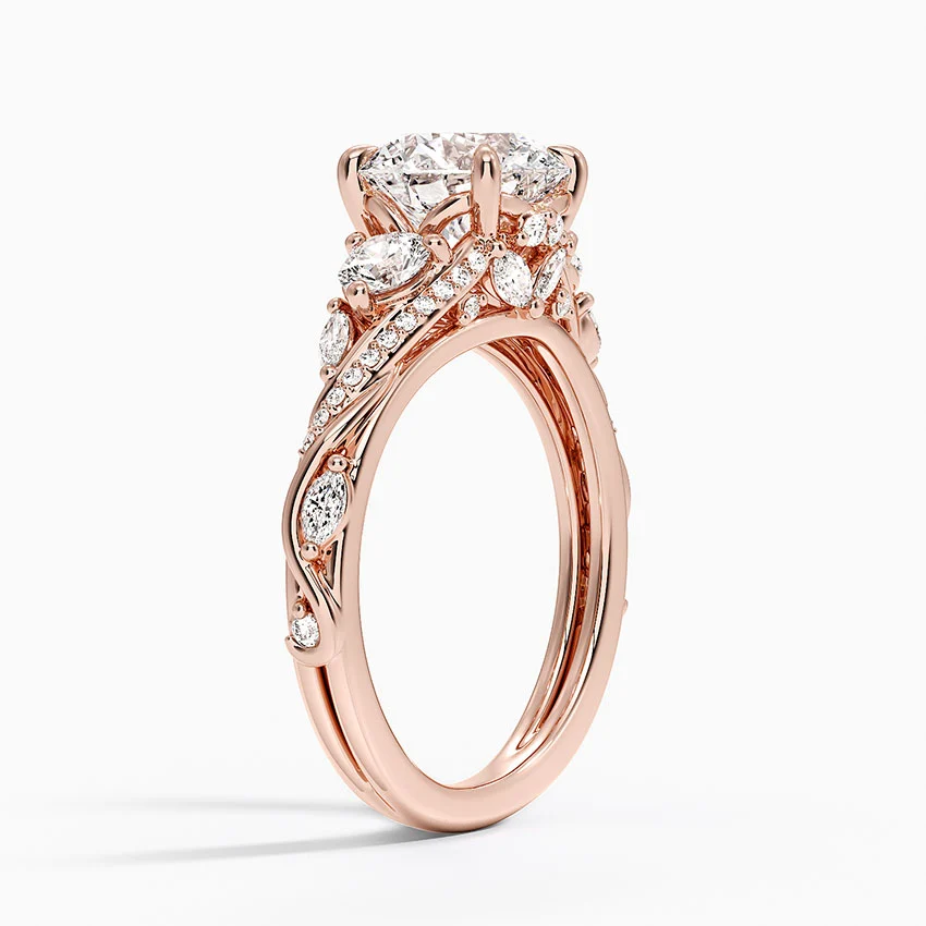 Round Brilliant Cut Diamond Engagement Ring, Twisted Vine Three Stone Ring, Floral Side Diamond Ring