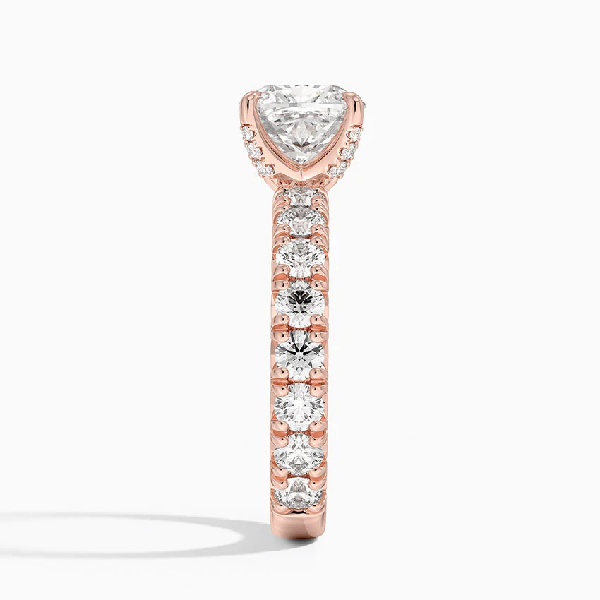 Cushion Cut Diamond Engagement Ring, Pave Diamond Band Ring, Solid Gold Promise Ring