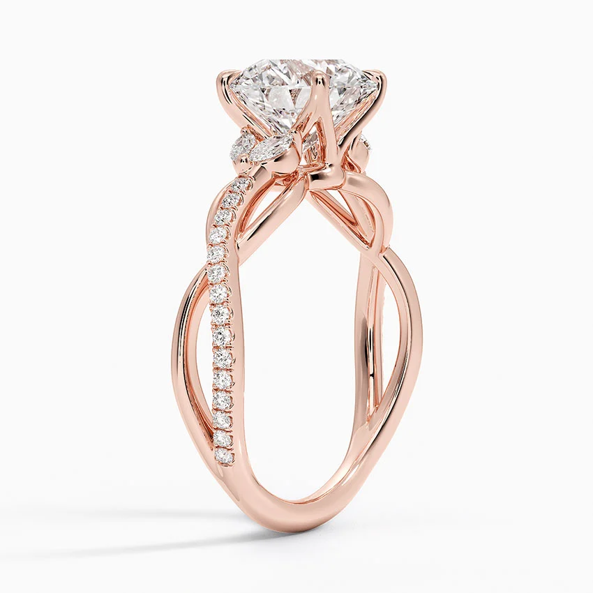 Round Cut Diamond Engagement Ring, Twisted Vine Band Ring, Nature Inspired Leaf Engagement Ring