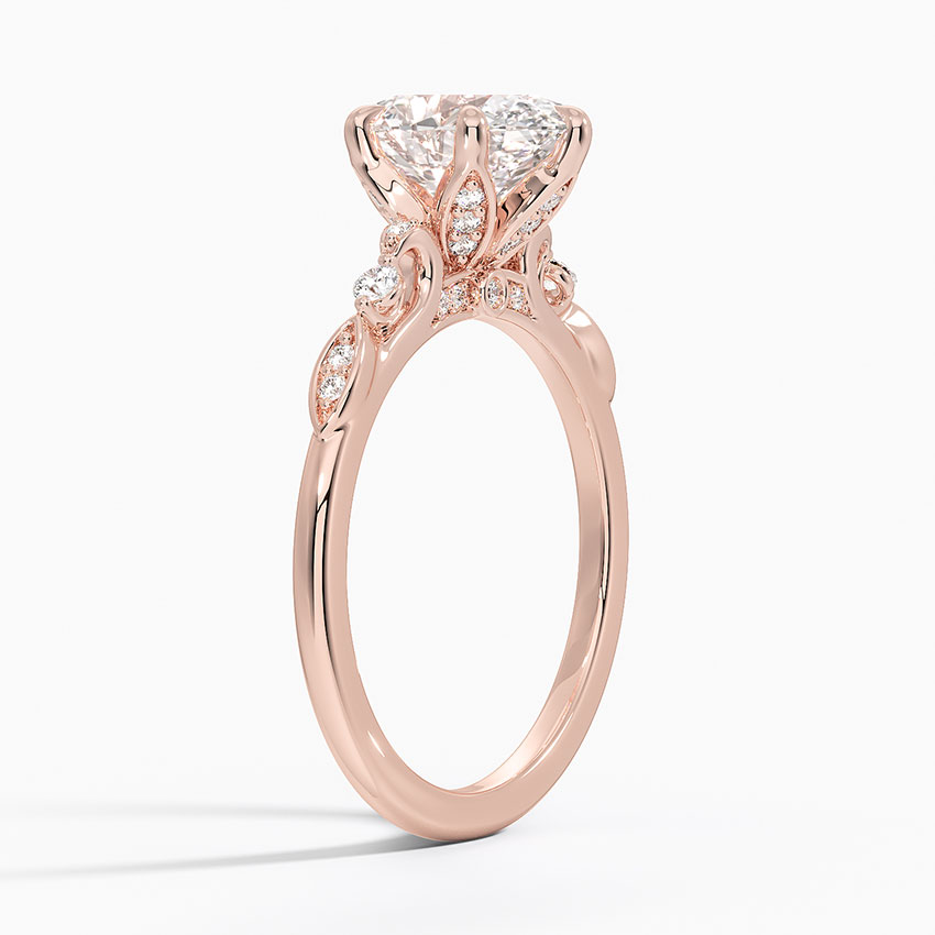 Oval Cut Diamond Engagement Ring, Leaf Inspired Pave Band, Nature Inspired Solitaire Ring