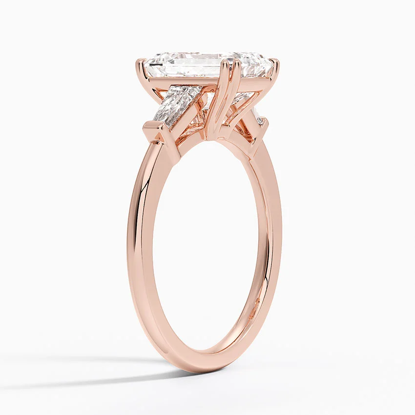 Emerald Cut Diamond Engagement Ring, Tapered Baguette Side Stones, Minimalist Three Stone Ring