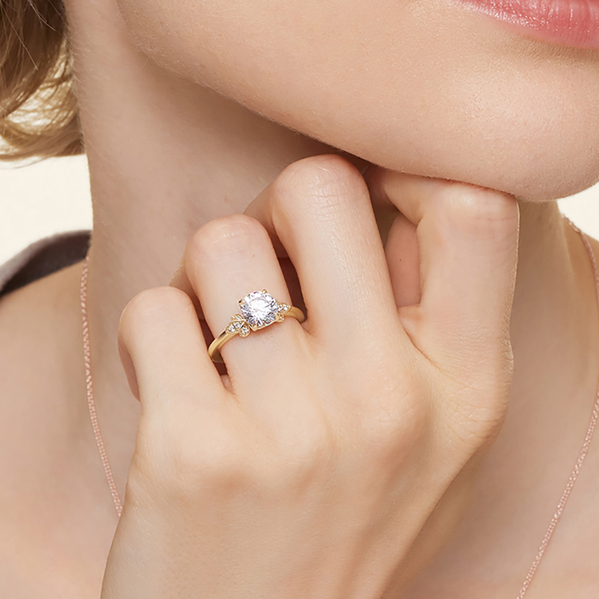 Emerald Cut Moissanite Engagement Ring with Leaf Accent, Nature Inspired Floral Ring