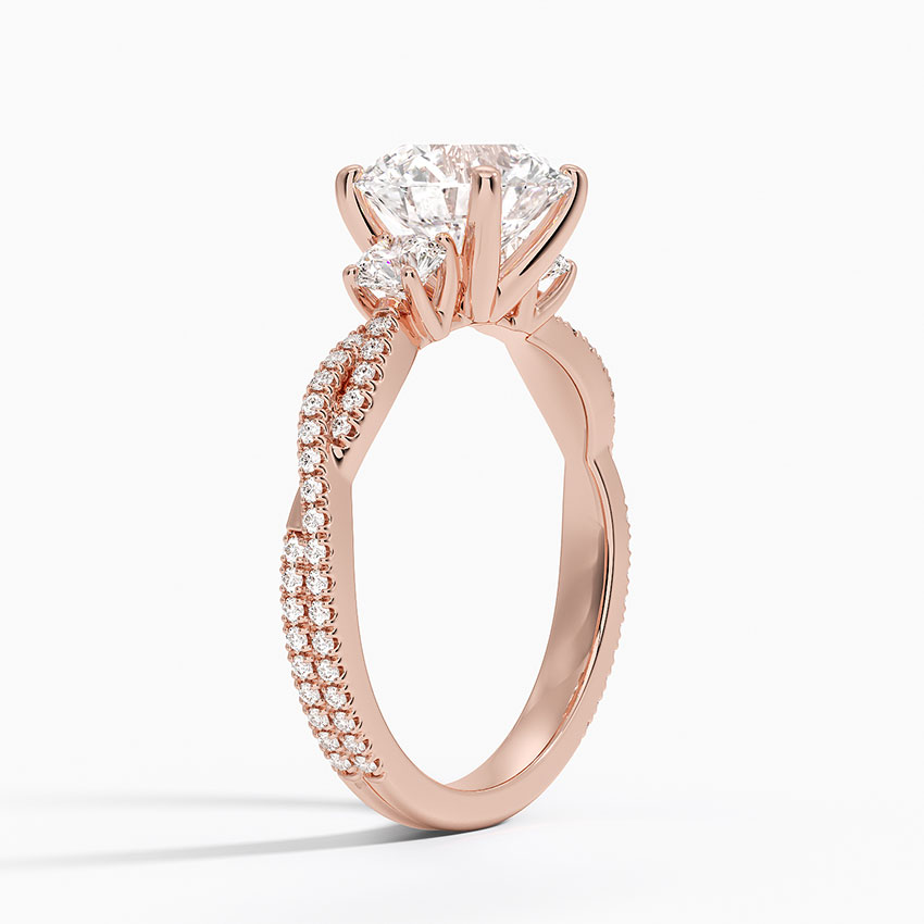 Three Stone Round Cut Moissanite Engagement Ring, Twisted Pave Band Diamond Ring, Promise Ring for Women