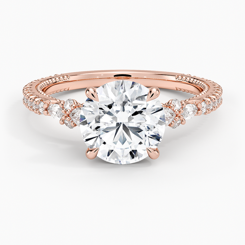 Vintage Inspired Round Cut Moissanite Engagement Ring, 3 Stone Diamond Ring, Hidden Halo Ring