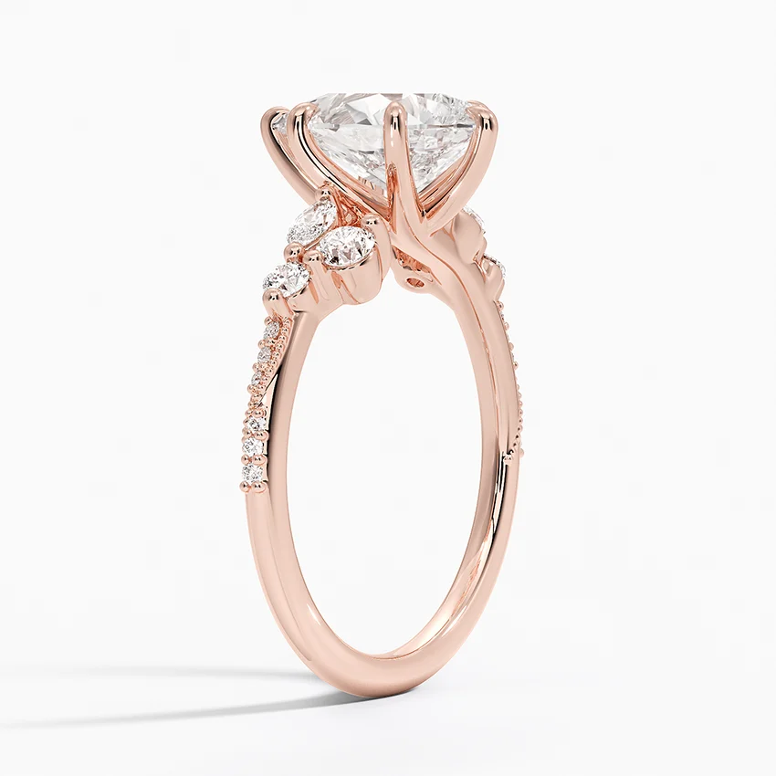 Pear Cut Moissanite Engagement Ring, Leaf Diamond Side Stone Ring, Solid Gold Promise Ring