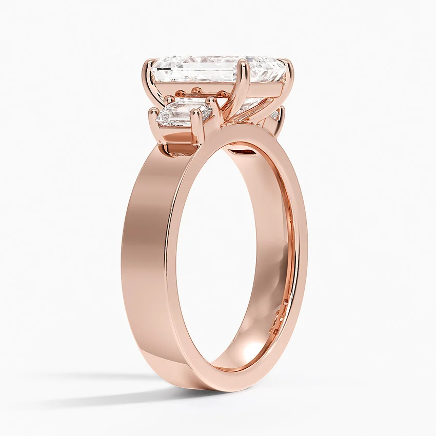 Emerald Cut Diamond Engagement Ring, Three Stone Diamond Ring, Wide Band Solitaire Ring