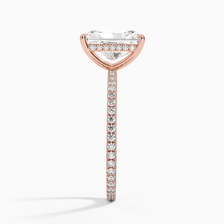 Radiant Cut Solitaire Engagement Ring with Pave Diamond Band, Minimalist Hidden Halo Style, Moissanite Diamond Ring