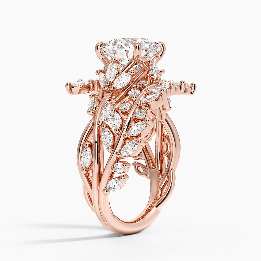 Nature-Inspired Leaf Moissanite Engagement Ring, Round Cut Center Stone with Marquise Diamond Vine Band