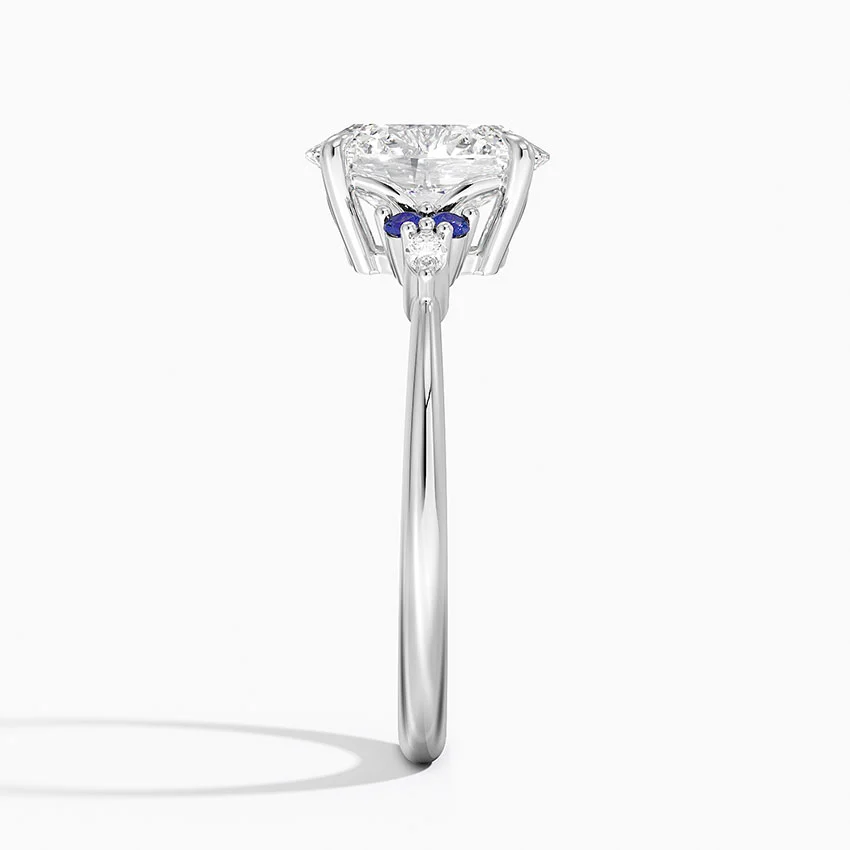 Oval Cut Diamond Engagement Ring with Blue Sapphire Accents, Three Stone Ring, Solid Gold Promise Ring