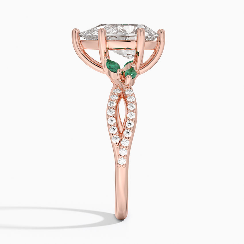 Pear Cut Moissanite Engagement Ring with Emerald Accents, Nature Inspired Leaf Ring, Split Shank Diamond Ring
