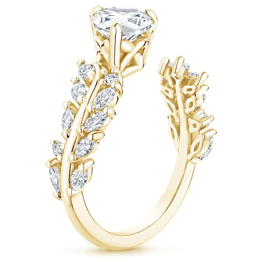 Round Cut Diamond Engagement Ring, Nature Inspired Leaf Vine Ring, Marquise & Round Side Stone Ring