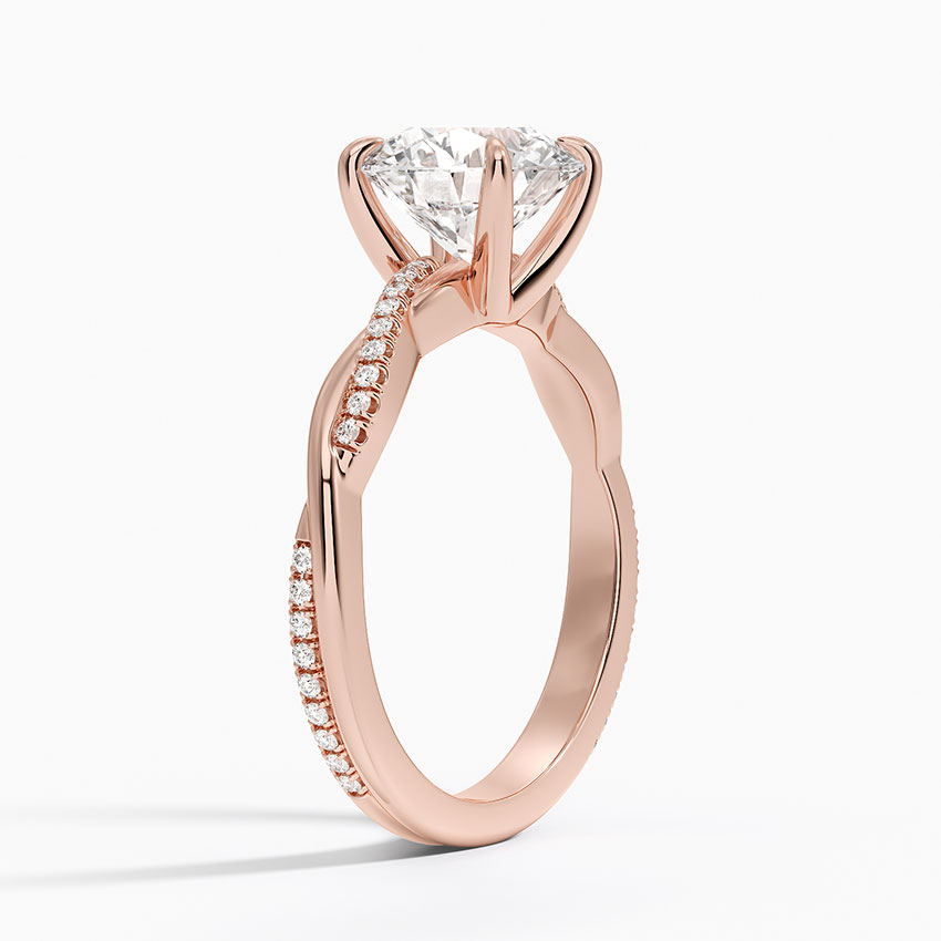 Round Cut Moissanite Engagement Ring, Twisted Pave Band Diamond Ring, Solid Gold Promise Ring