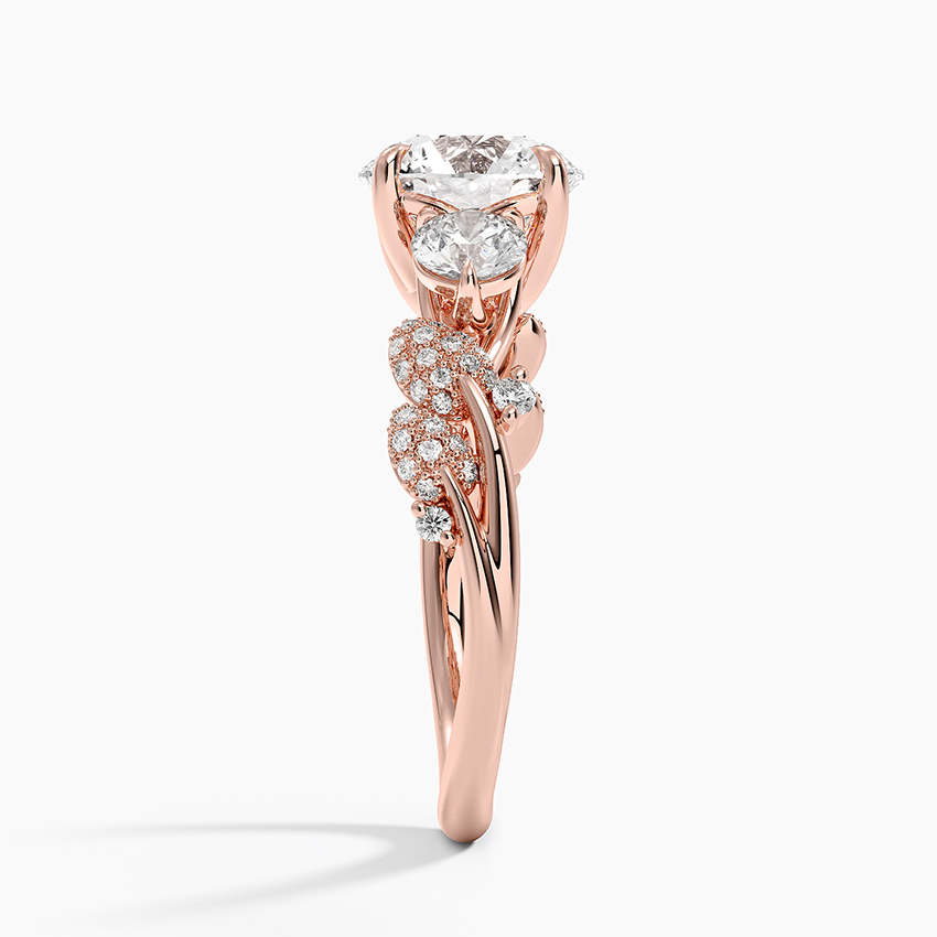 Floral Diamond Engagement Ring, Round Cut 3 Stone Ring, Leaf Inspired Diamond Ring