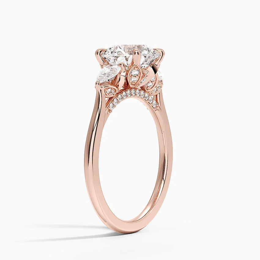 Round Cut Three Stone Diamond Engagement Ring, Marquise Side Stones, Minimalist Bridal Ring